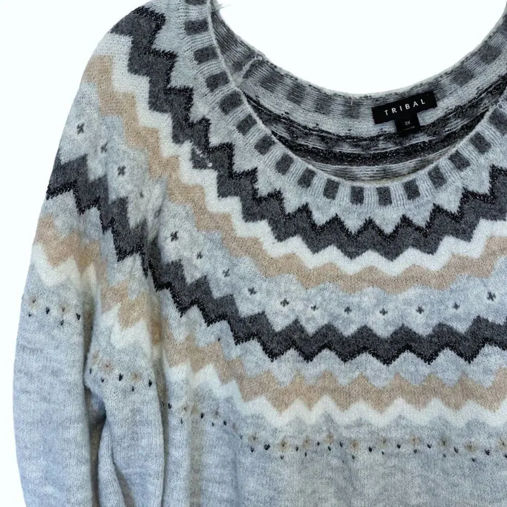 Tribal Fair Isle Gray Nordic Icelandic Raglan Pullover Sweater Size 3X
